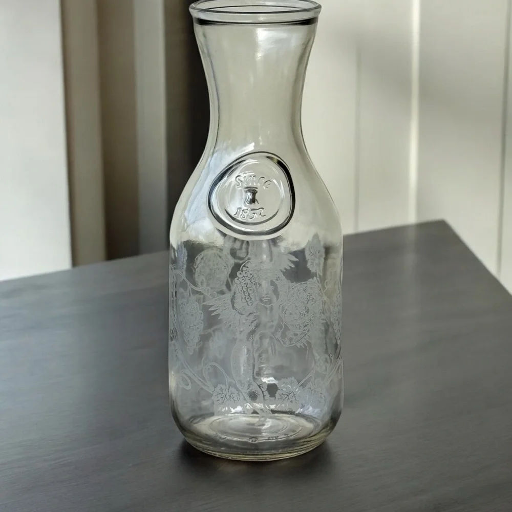 Vintage Paul Masson Vineyards Etched Glass Wine Carafe Floral Cherub